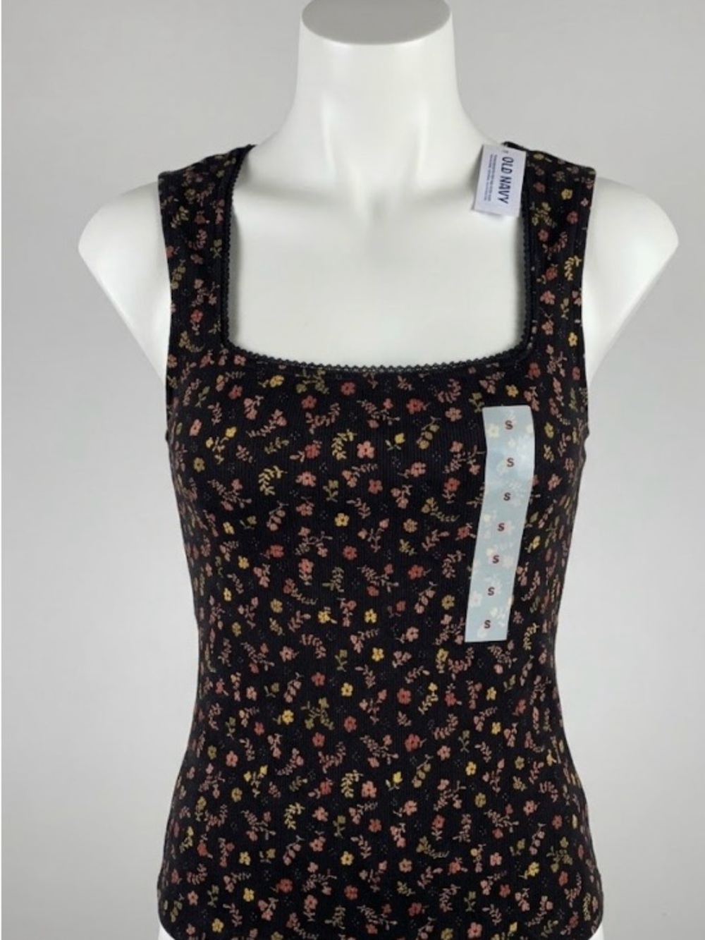 Old Navy Black Floral Square-Neck Ribbed Tank